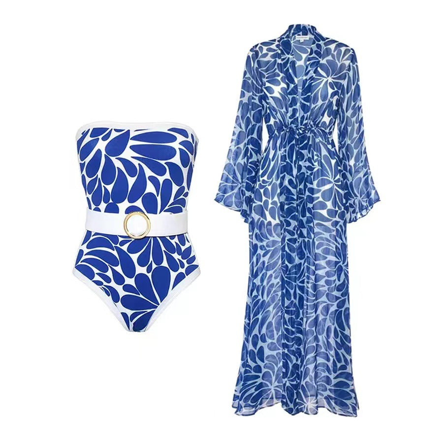 Vintage Print Strapless One Piece Swimwear with Cover