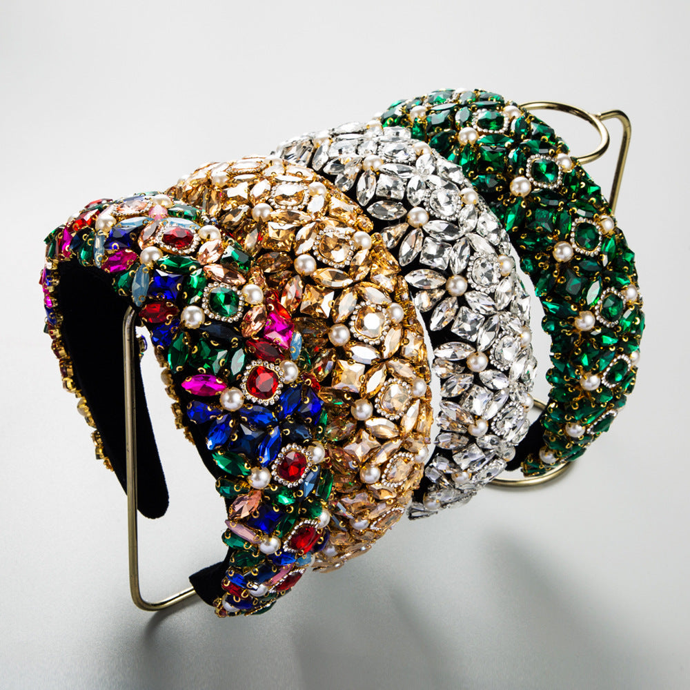 Baroque Style Wide Band Rhinestone Pearl Headband for Women