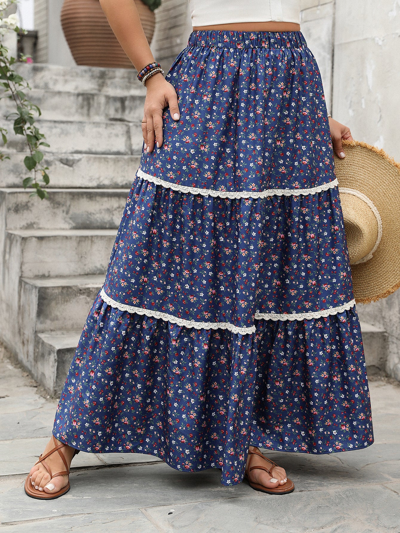 Floral Pleated Maxi Skirt Comfortable Casual Women's Skirt