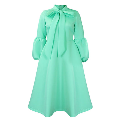 Elegant High-Waisted Dress With Puff Sleeves And Flared Skirt