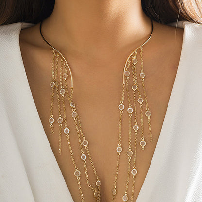 Geometric Metal Pearl Choker Necklace With Tassel