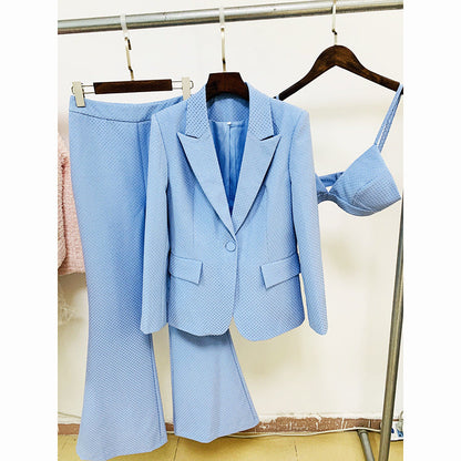 Blingbling Suit Top With One-Button And Flared Trousers Set