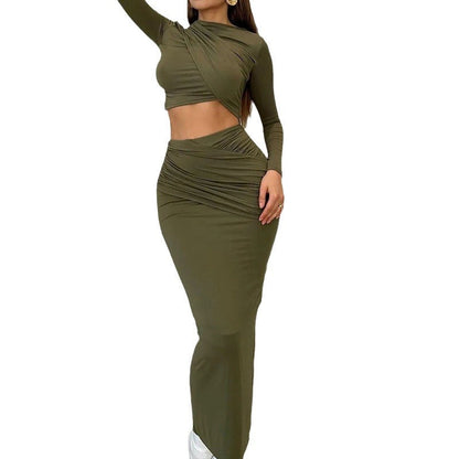 Trendy Casual Long Sleeve Crop Top And Midi Skirt Set