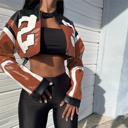Trendy Color Block Embroidered Biker Jacket