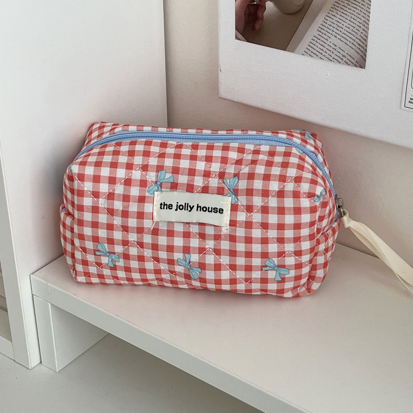 Large Capacity Plaid Bow Cosmetic Bag Retro Style