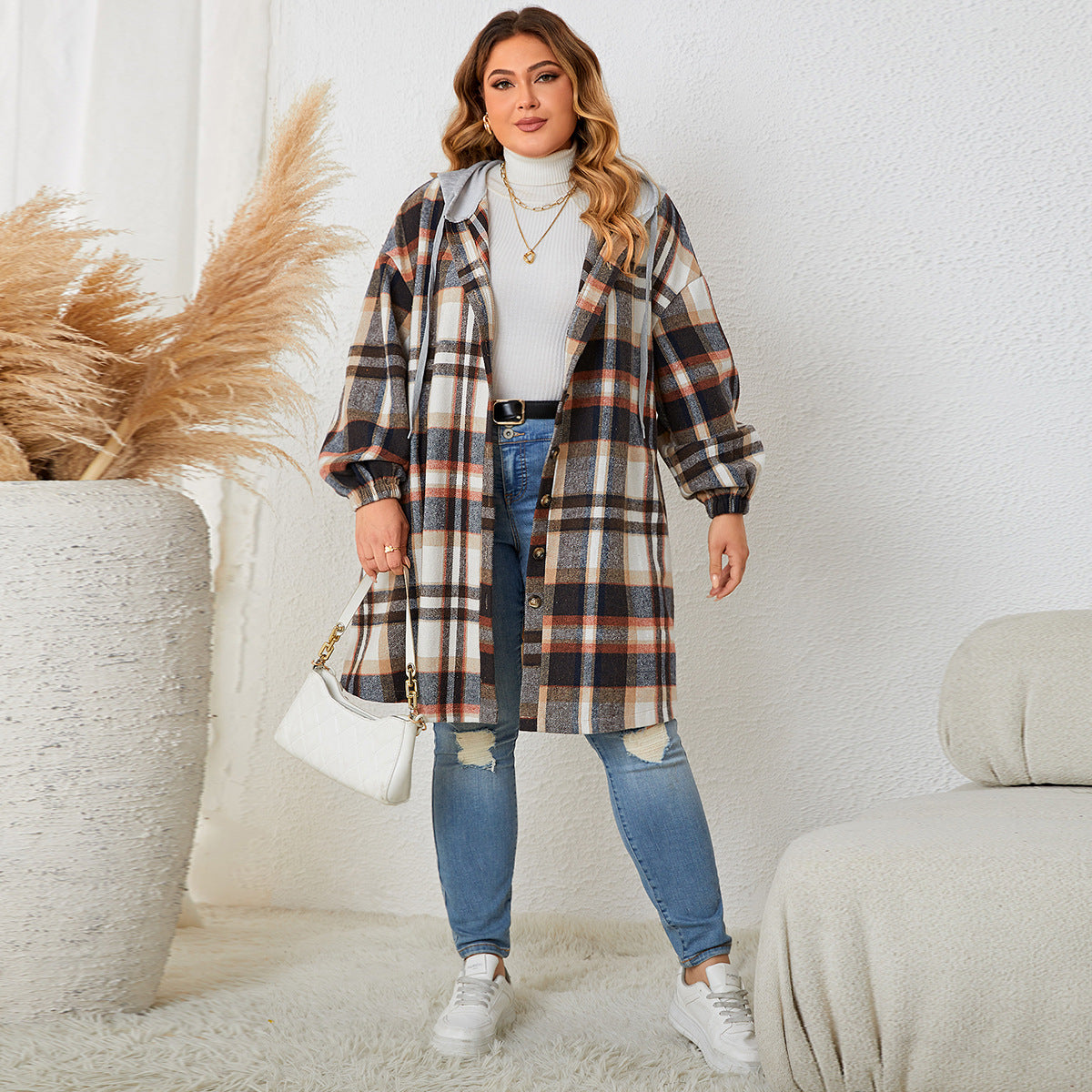 Plaid Hooded Long Coat For Plus Size Women