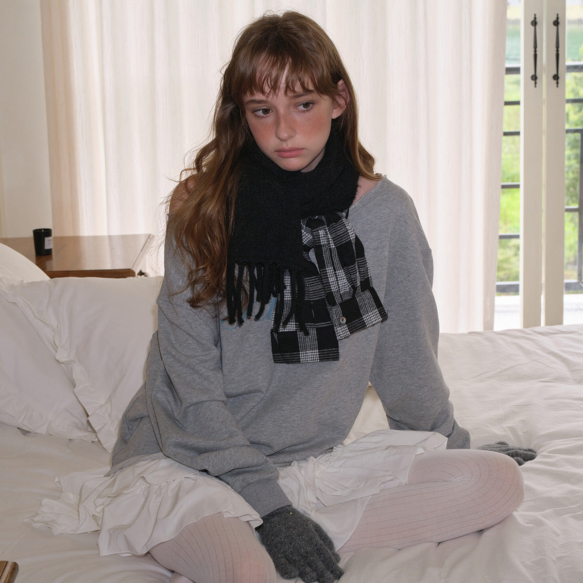 Geometric Pattern Knit Scarf Women's Wool Blend Winter Wrap