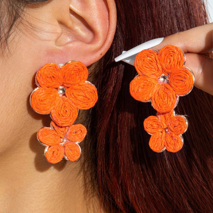Handmade Woven Raffia Vacation Earrings Floral Design