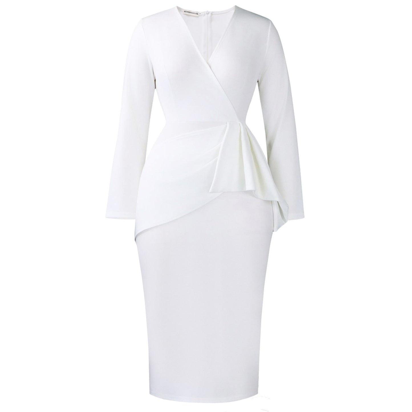 V-Neck Long Sleeve Bodycon Dress Solid Color Elegant Office Dress