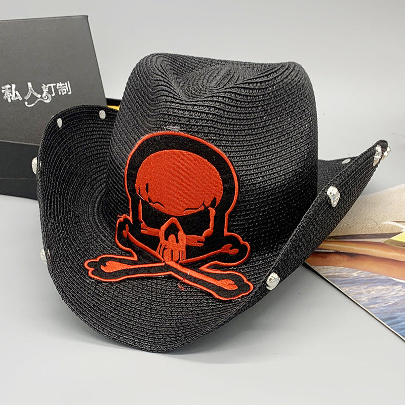 Black Paper Straw Cowboy Hat With Skull Design