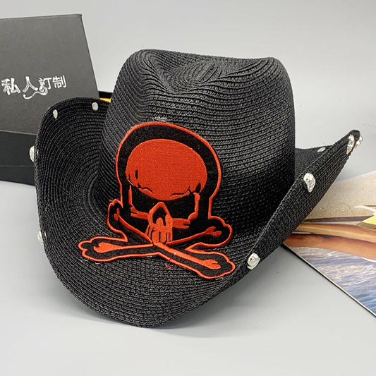 Black Paper Straw Cowboy Hat With Skull Design