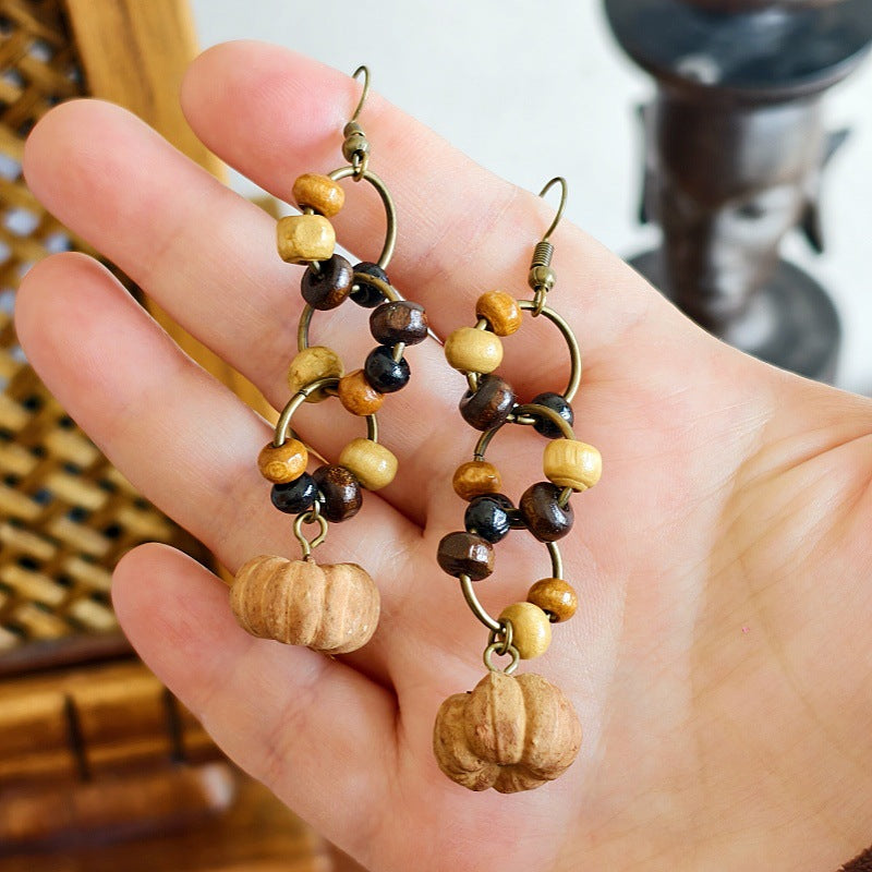 Botanical Pattern Wooden Bead Dangle Earrings