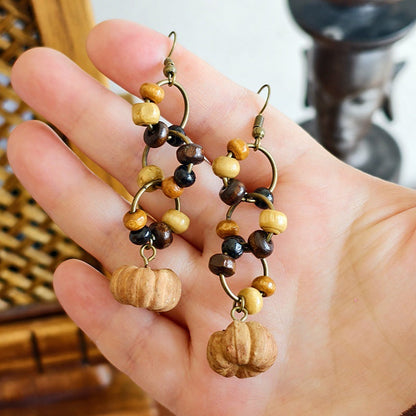 Botanical Pattern Wooden Bead Dangle Earrings