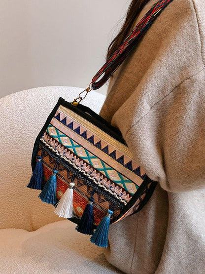 Woven Fringe Crossbody Bag Stylish Cotton Handbag