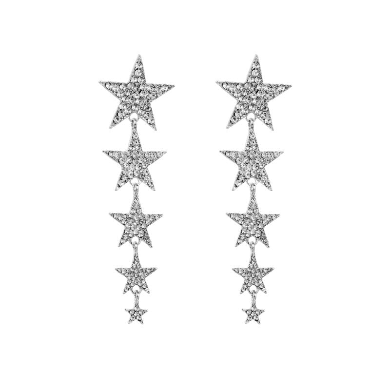 Star-Shaped Long Earrings with Multi-Layer Rhinestones