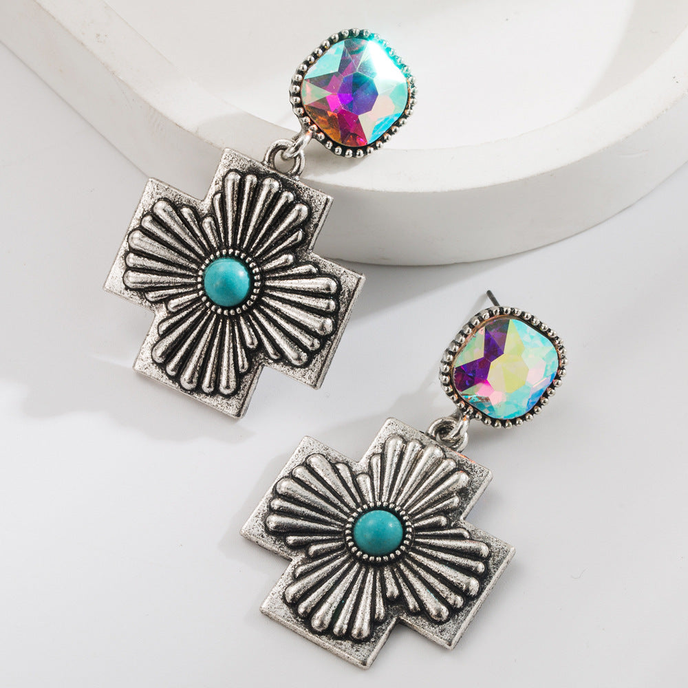 Turquoise Water Droplet Cross Earrings Vintage Style Creative Earrings for Women