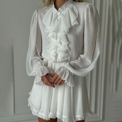 Elegant Ruffled Collar Long Sleeve Mini Dress