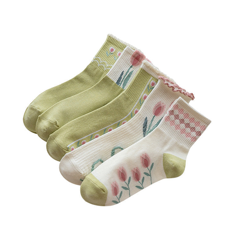 Rufia - Women's Floral Tulip Mid-Calf Socks - Green / White