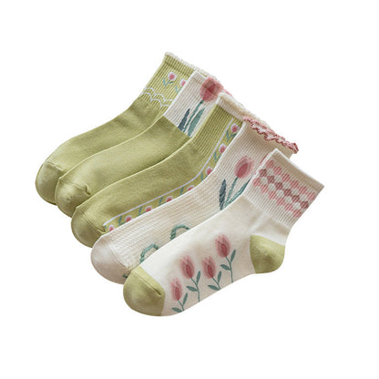 Rufia - Women's Floral Tulip Mid-Calf Socks - Green / White