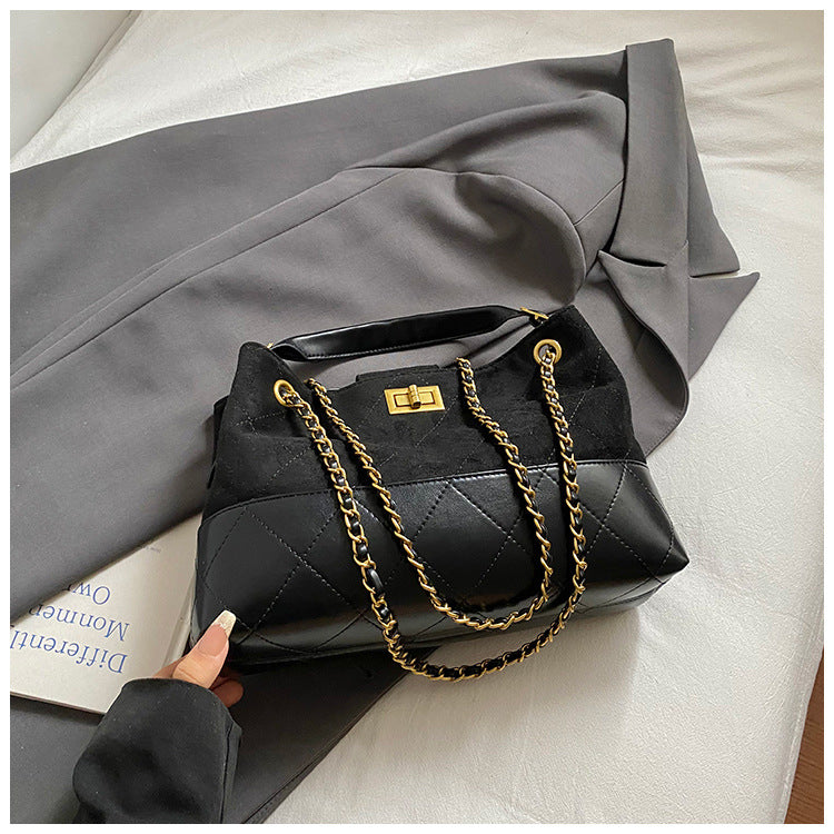 Large Capacity Color Block Retro Suede Shoulder Bag