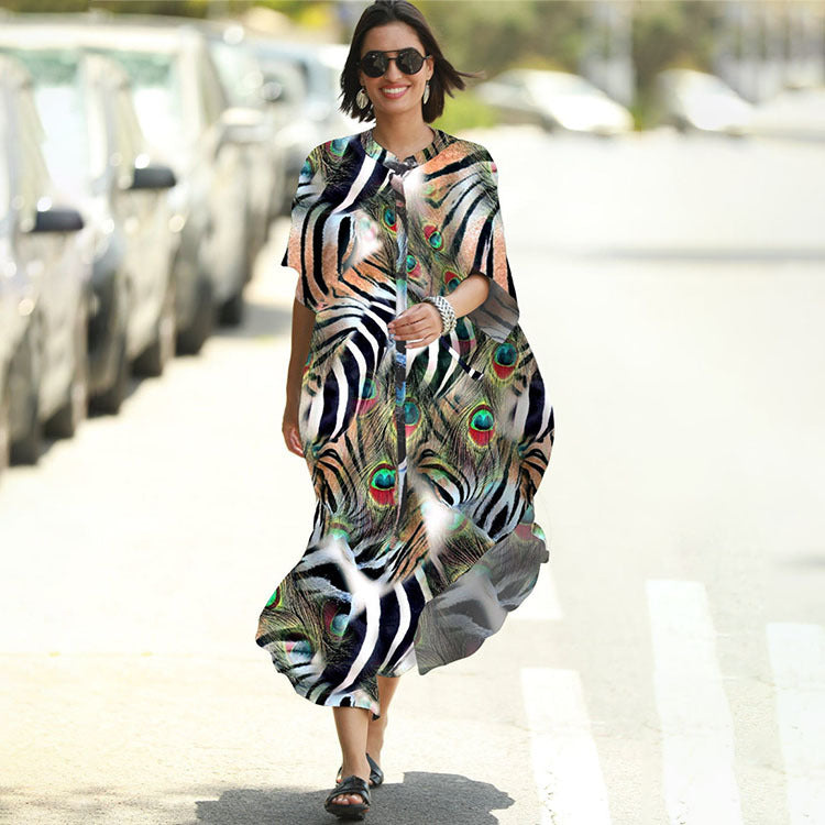 Four-Sided Elastic-Printed Beach Blouse Loose Pocket Single-Breasted Vacation Dress