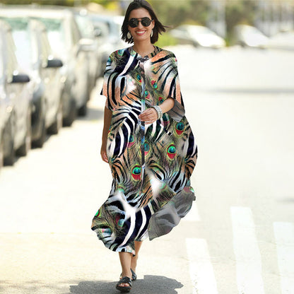Four-Sided Elastic-Printed Beach Blouse Loose Pocket Single-Breasted Vacation Dress