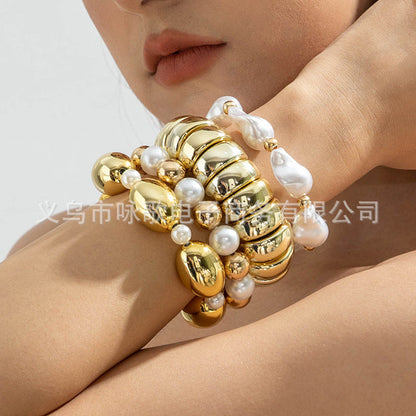 Layered Geometric Statement Cuff Bracelet Set