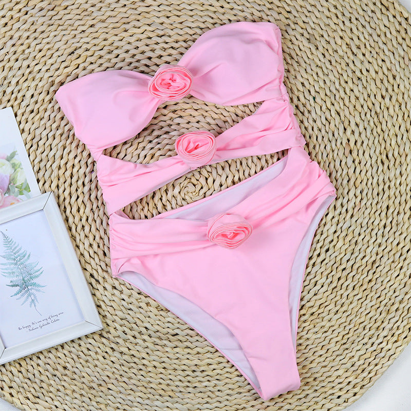 Solid Color Strapless Hollow Out Flower Sexy Swimwear