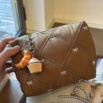 Simple Cotton Quilted Bow Embroidery Cosmetic Bag