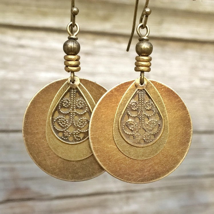 Bohemian Vintage Ethnic Style Cotton And Linen Women'S Assembly Jewelry New Old Bronze Circle Carved Earrings