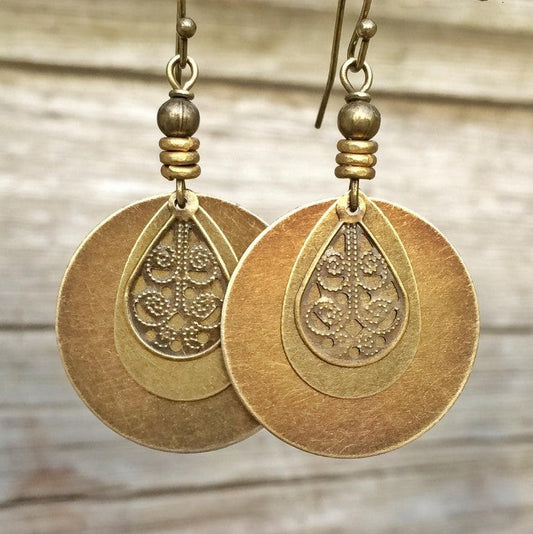 Bohemian Vintage Ethnic Style Cotton And Linen Women'S Assembly Jewelry New Old Bronze Circle Carved Earrings
