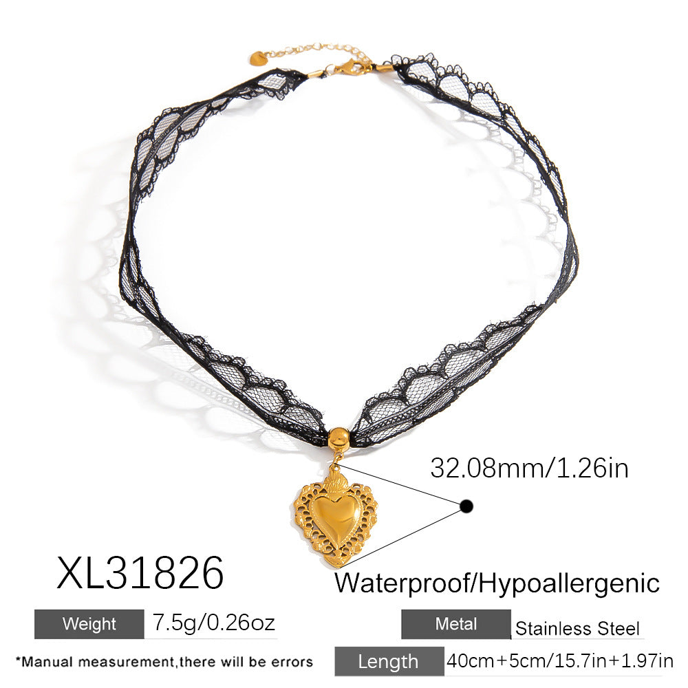 Elegant Lace Detail Heart Pendant Necklace in Stainless Steel