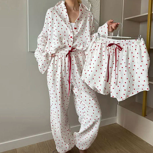 Heart Printed Cotton 3-Piece Set Casual Cardigan with Pants