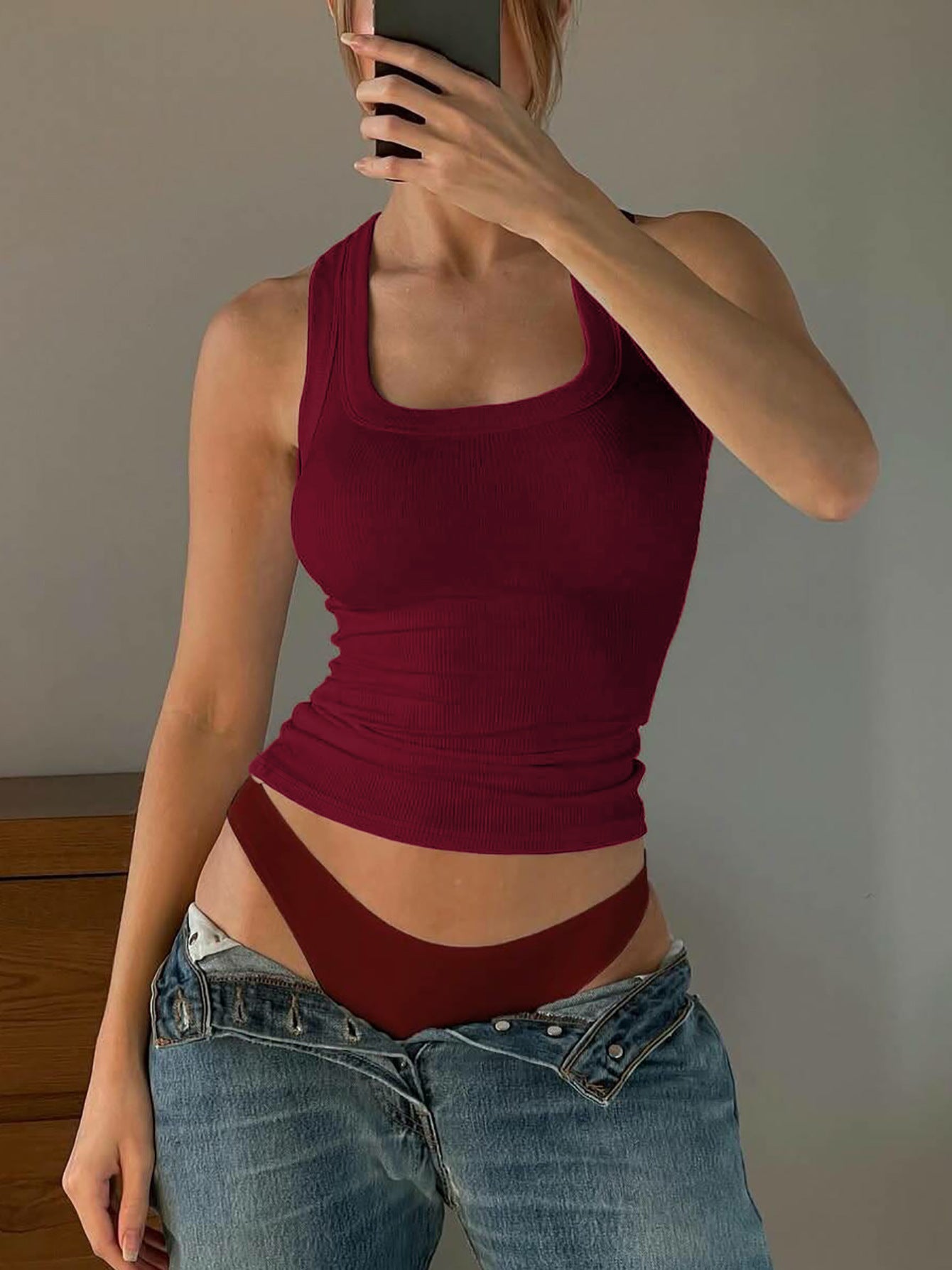 Solid Color Fitted Crop Top with U-Neck