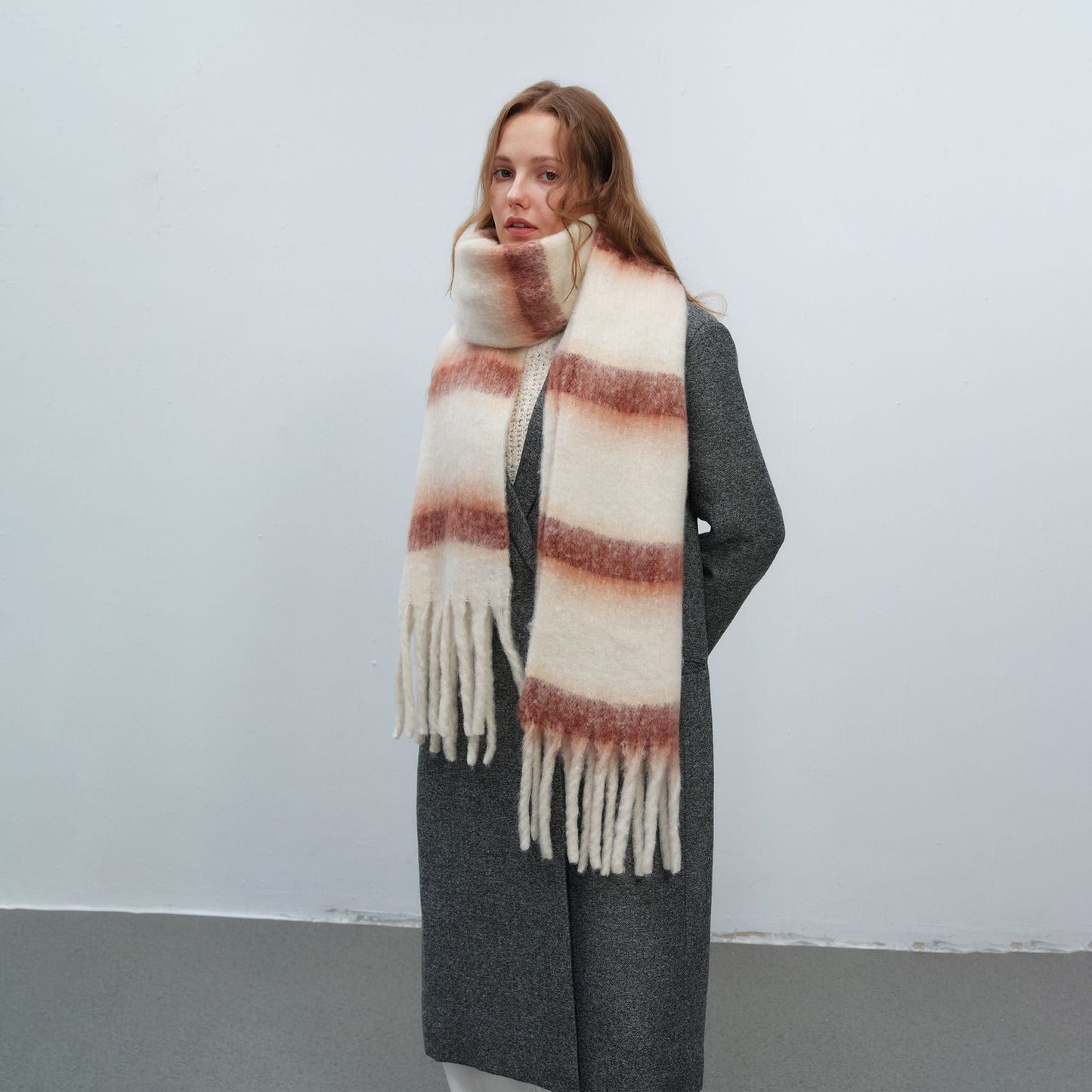 Color Block Striped Simple Tassel Knit Scarve