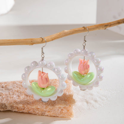 Fresh Camellia Drop Earrings With Imitation Pearls