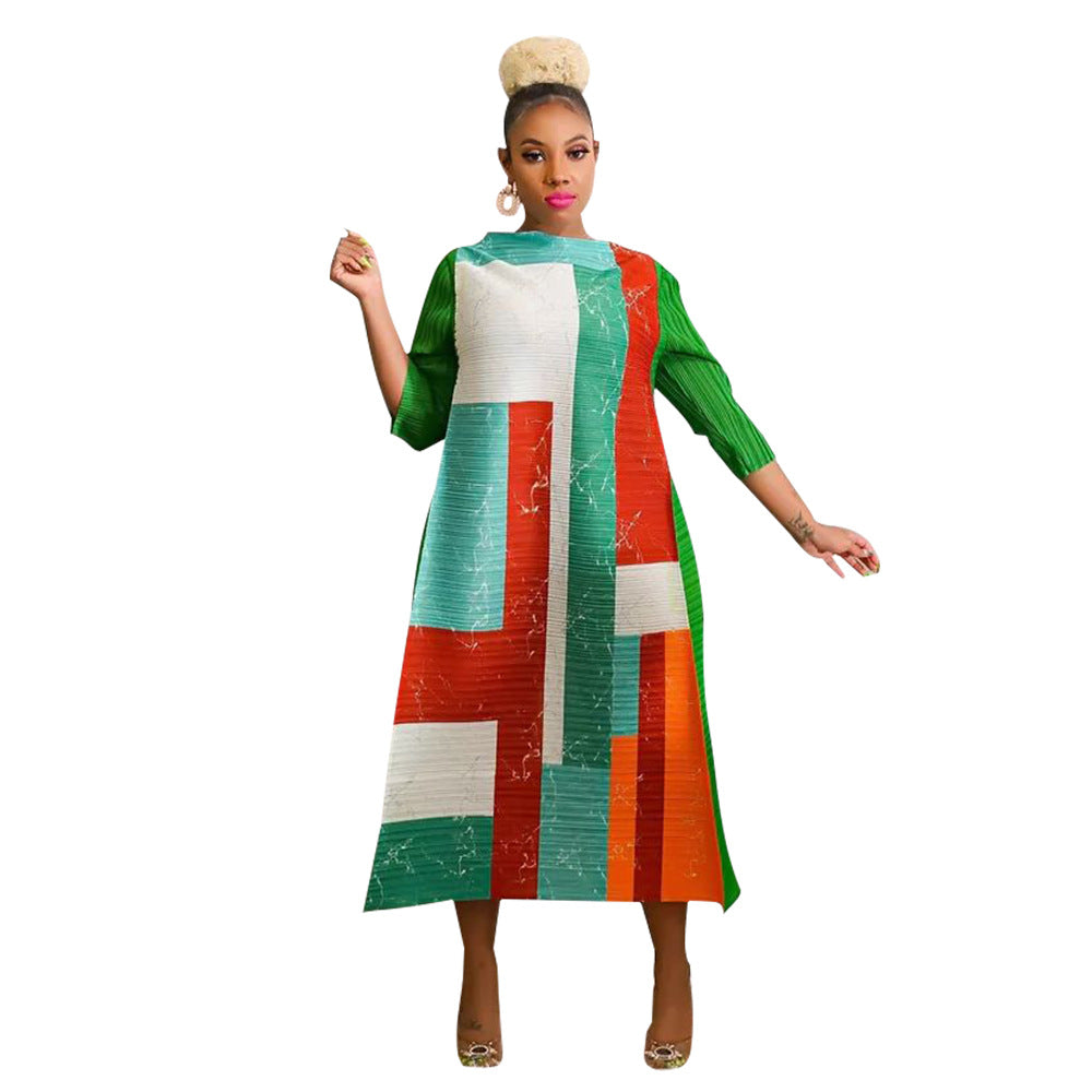 Fashionable Pleated Dress With Round Neck Print