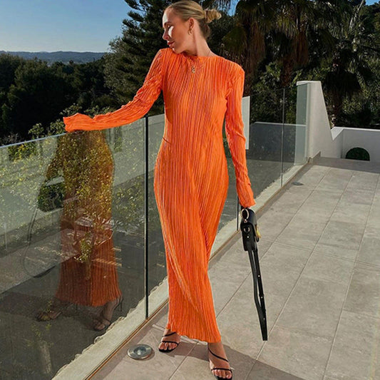 Women'S Fashion Casual Solid Color Round Neck Long Sleeves Slim Pleated Long Skirt Pressed Pleated Dress