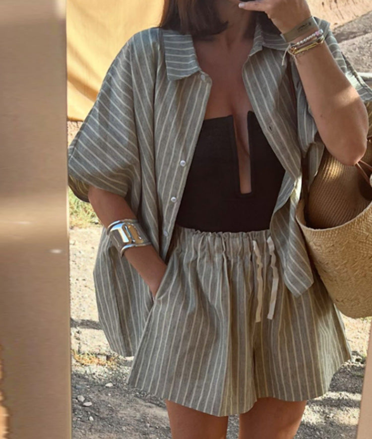 Striped Linen Shirt and Pocket Shorts Set for Women