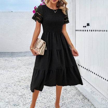 Casual Solid Color A-Line Dress with Short Sleeves