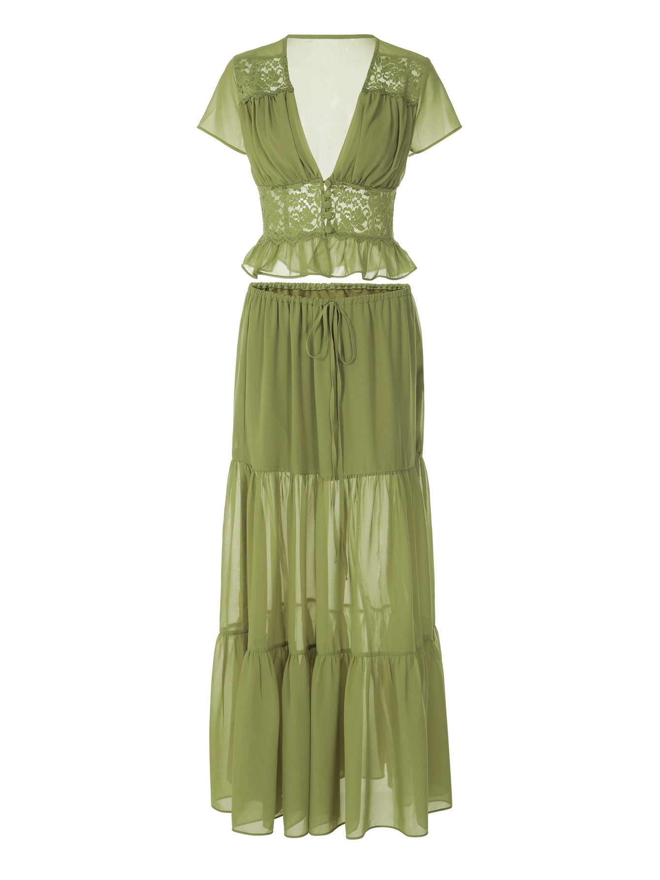 Trendy French Lace Chiffon Cardigan T-Shirt with Loose Fit Maxi Dress
