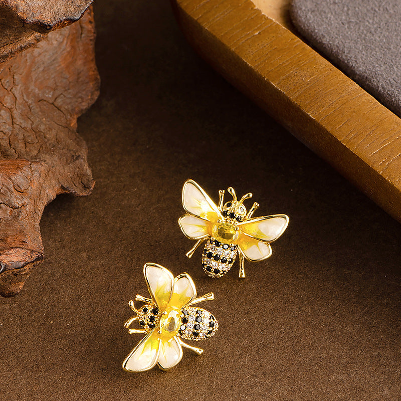 Bee Enamel Earrings With Rhinestones In Gold