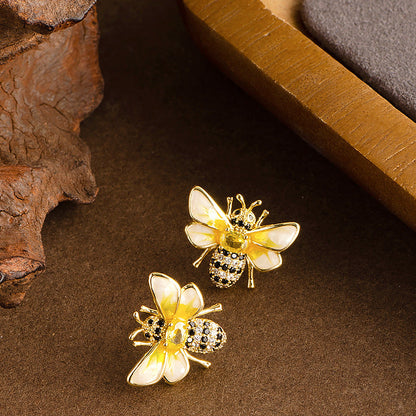 Bee Enamel Earrings With Rhinestones In Gold