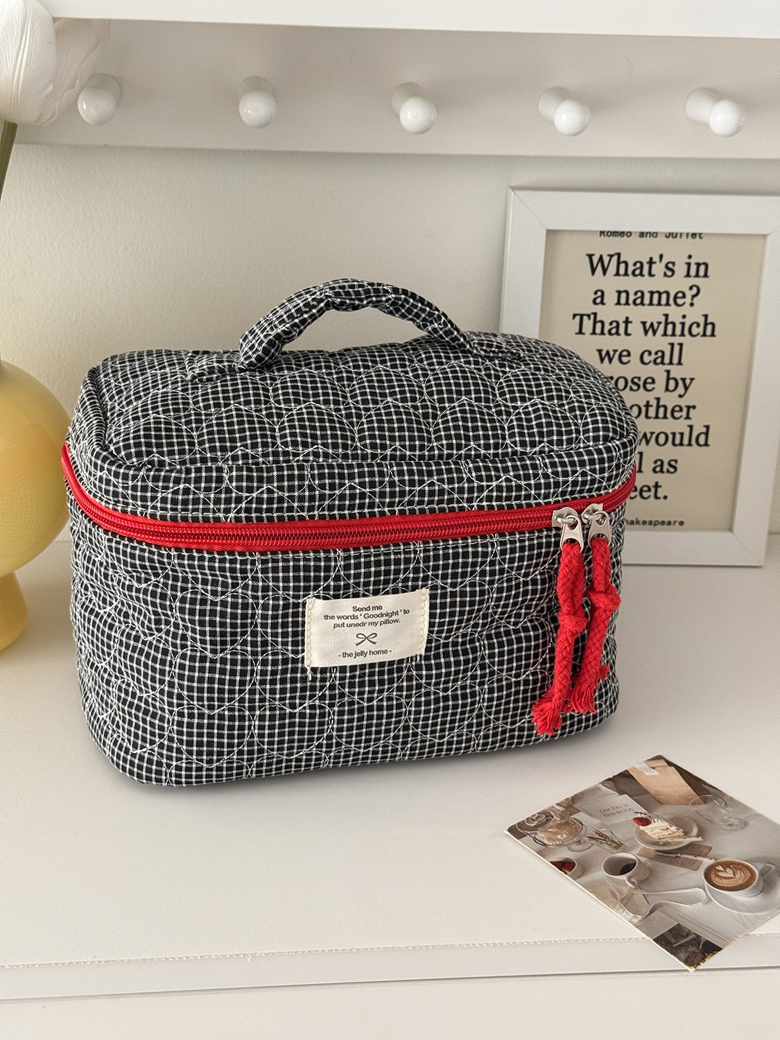 Color Block Heart Plaid Quilted Makeup Bag