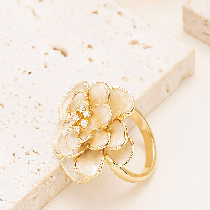 French Elegant Adjustable Drip Glaze Floral Open Ring
