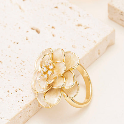 French Elegant Adjustable Drip Glaze Floral Open Ring