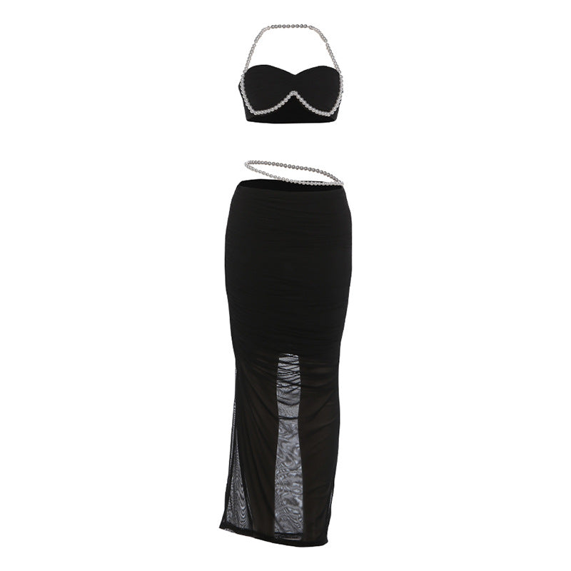 Sexy Hollow-Out Pearl Decor Crop Top And Bodycon Maxi Skirt Set