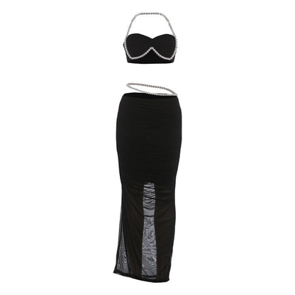 Sexy Hollow-Out Pearl Decor Crop Top And Bodycon Maxi Skirt Set