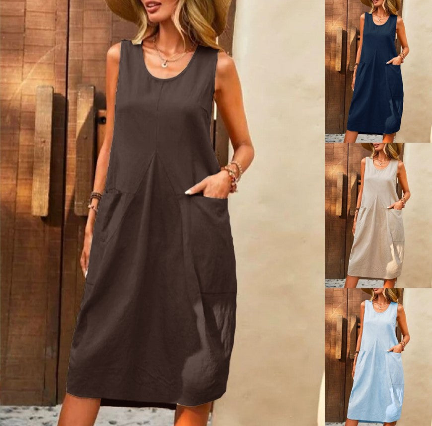 Casual Dress Cotton Linen Sleeveless Solid Amazon Loose U-Neck Dress