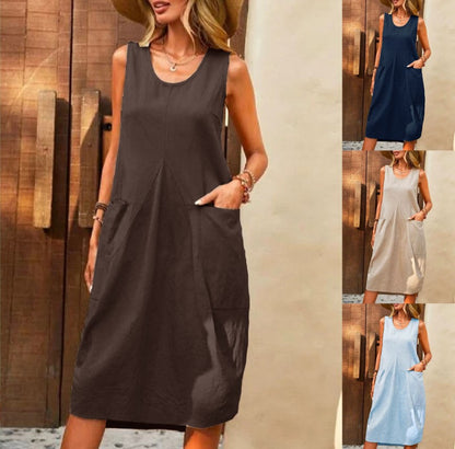 Casual Dress Cotton Linen Sleeveless Solid Amazon Loose U-Neck Dress